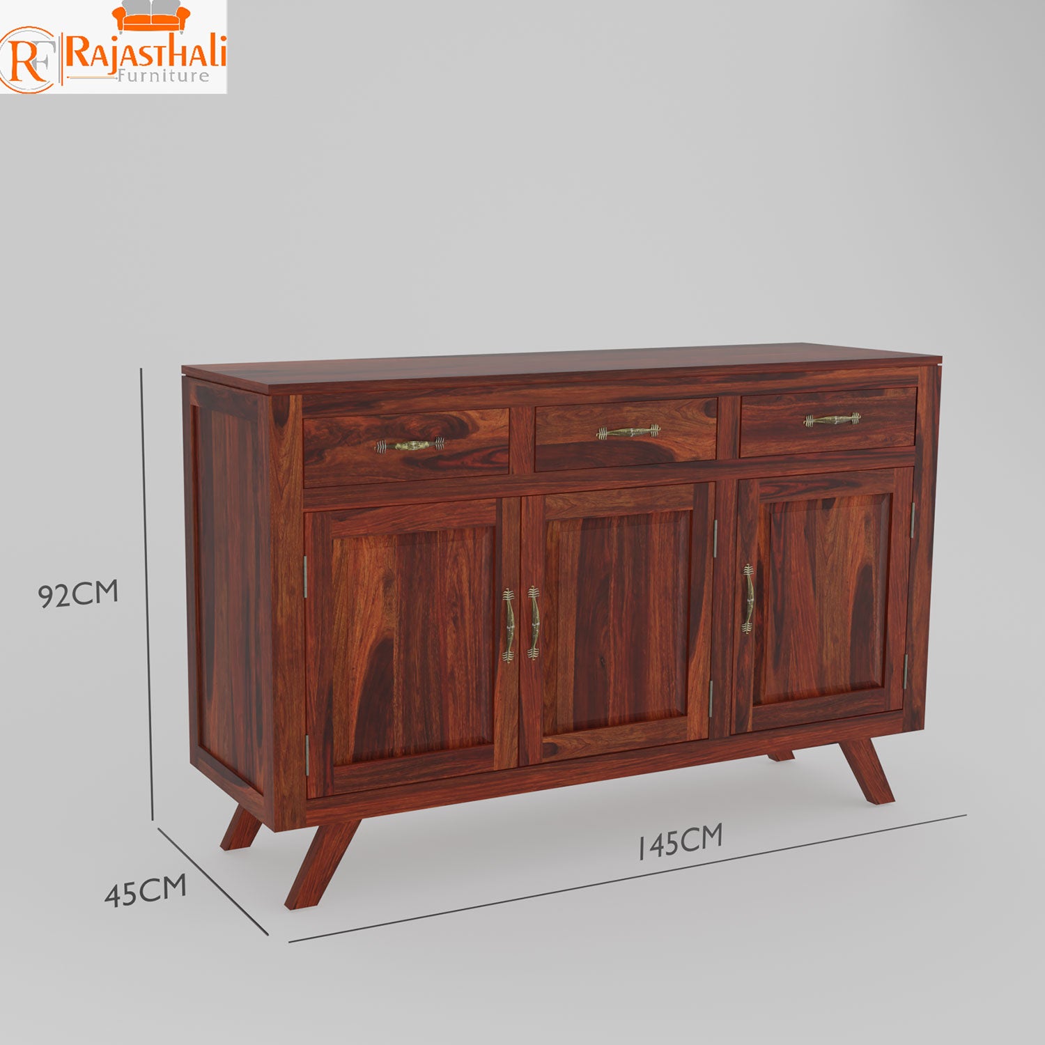 Purea Solid Wood Three Door and Three Drawer Floor Mounted Side Board in Honey Oak Finish - Rajasthali Furniture 