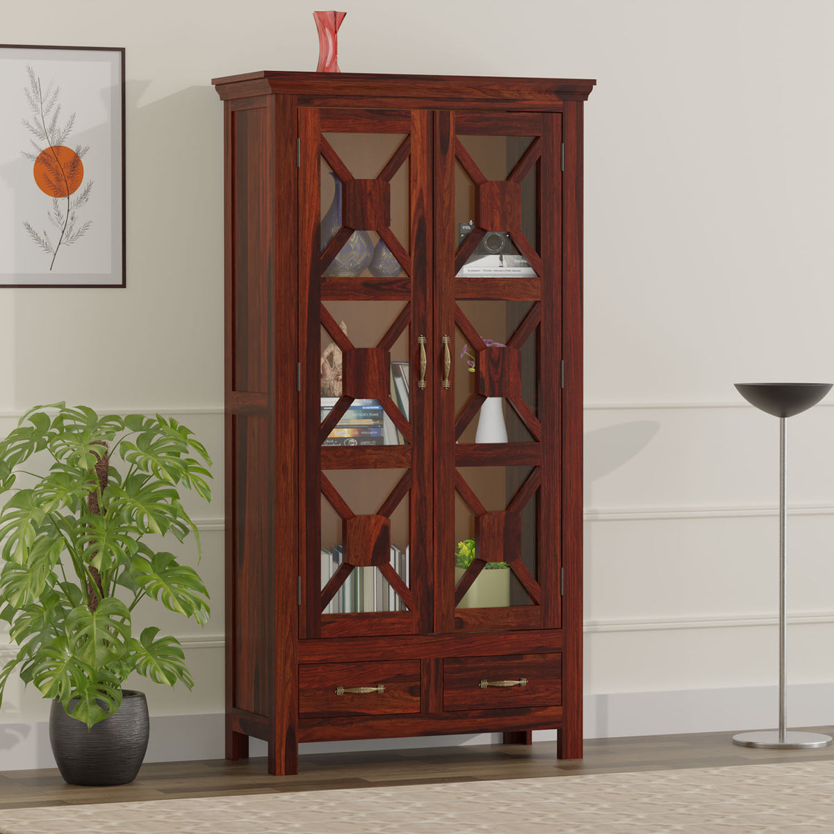 Mossback Solid Wood Floor Mounted Glass Door Book Cabinet in Honey Oak Finish - Rajasthali Furniture 