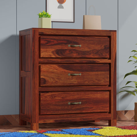 Mone Solid Wood Three Drawer Floor Mounted Chest Of Drawers in Honey Oak Finish - Rajasthali Furniture 