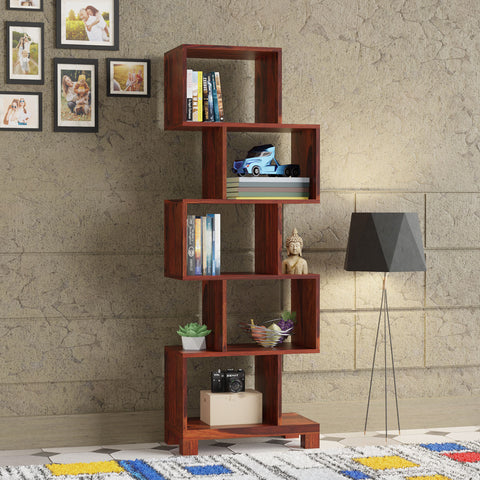 Zigzag Solid Wood Floor Mounted Bookshelves in Honey Oak Finish - Rajasthali Furniture 