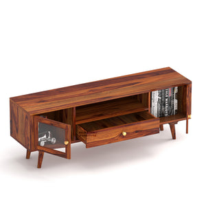 Sheesham Wood TV Unit with Mosaic Carved Doors | Solid Wood TV Console | Glass