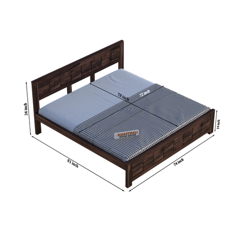 Solid Sheesham Wood King Size Bed with Headboard and Without Storage, Walnut Finish