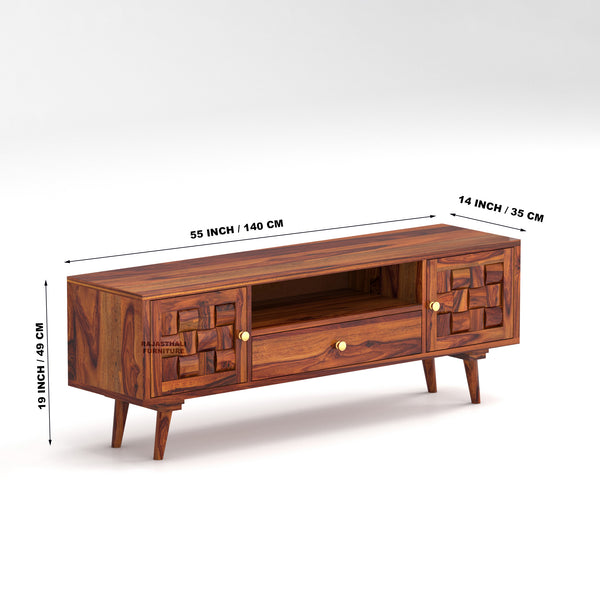Sheesham Wood TV Unit with Mosaic Carved Doors | Solid Wood TV Console - Rajasthali Furniture 