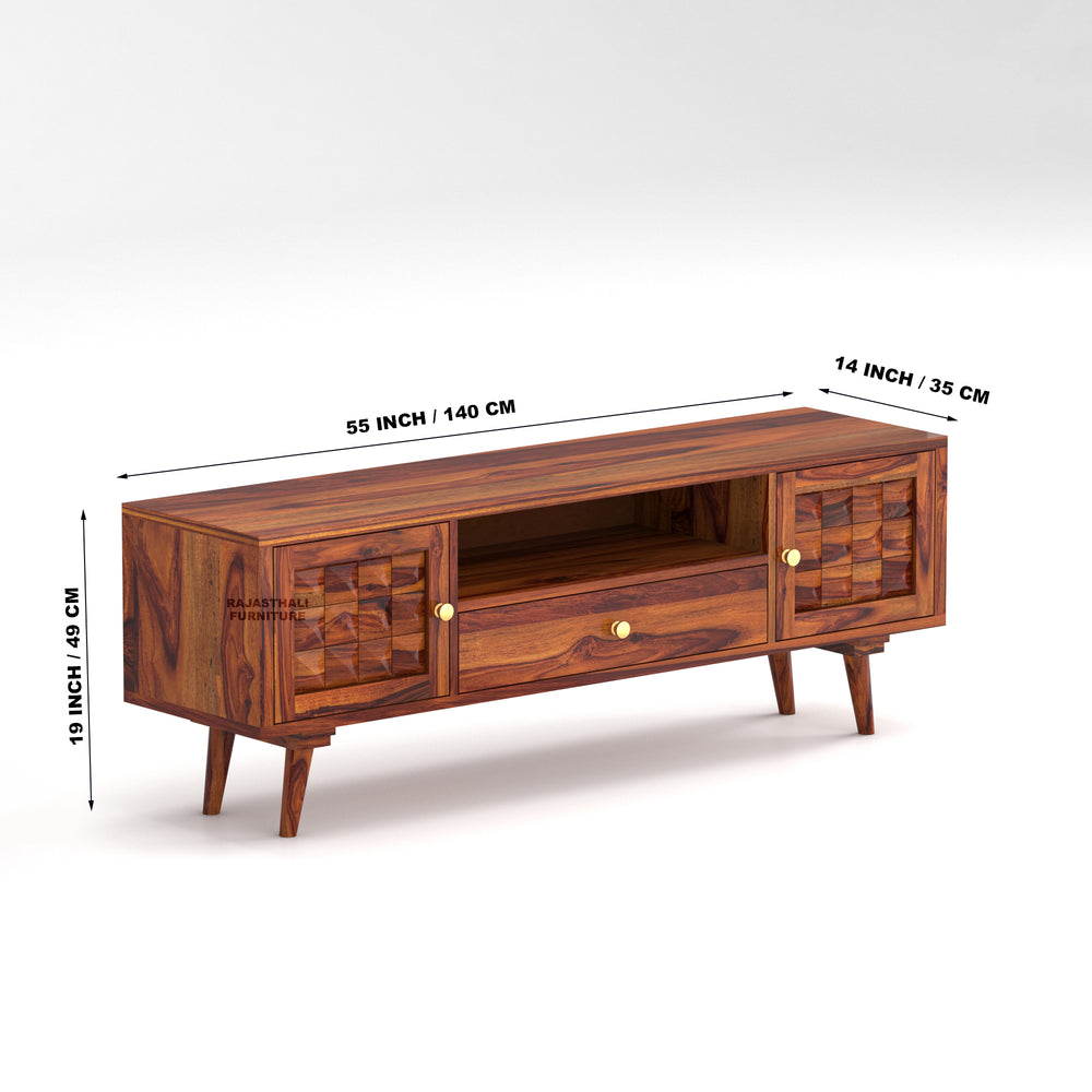 Sheesham Wood TV Unit with Mosaic Carved Doors | Solid Wood TV Console | Diamond - Rajasthali Furniture 