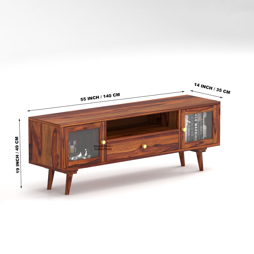 Sheesham Wood TV Unit with Mosaic Carved Doors | Solid Wood TV Console | Glass - Rajasthali Furniture 