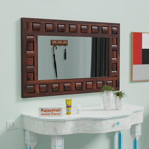 Doyle Wooden Niwar Design Wall Mirror cum Dresser Mirror for Bedroom or Washroom in Natural and Walnut Finish 46inches