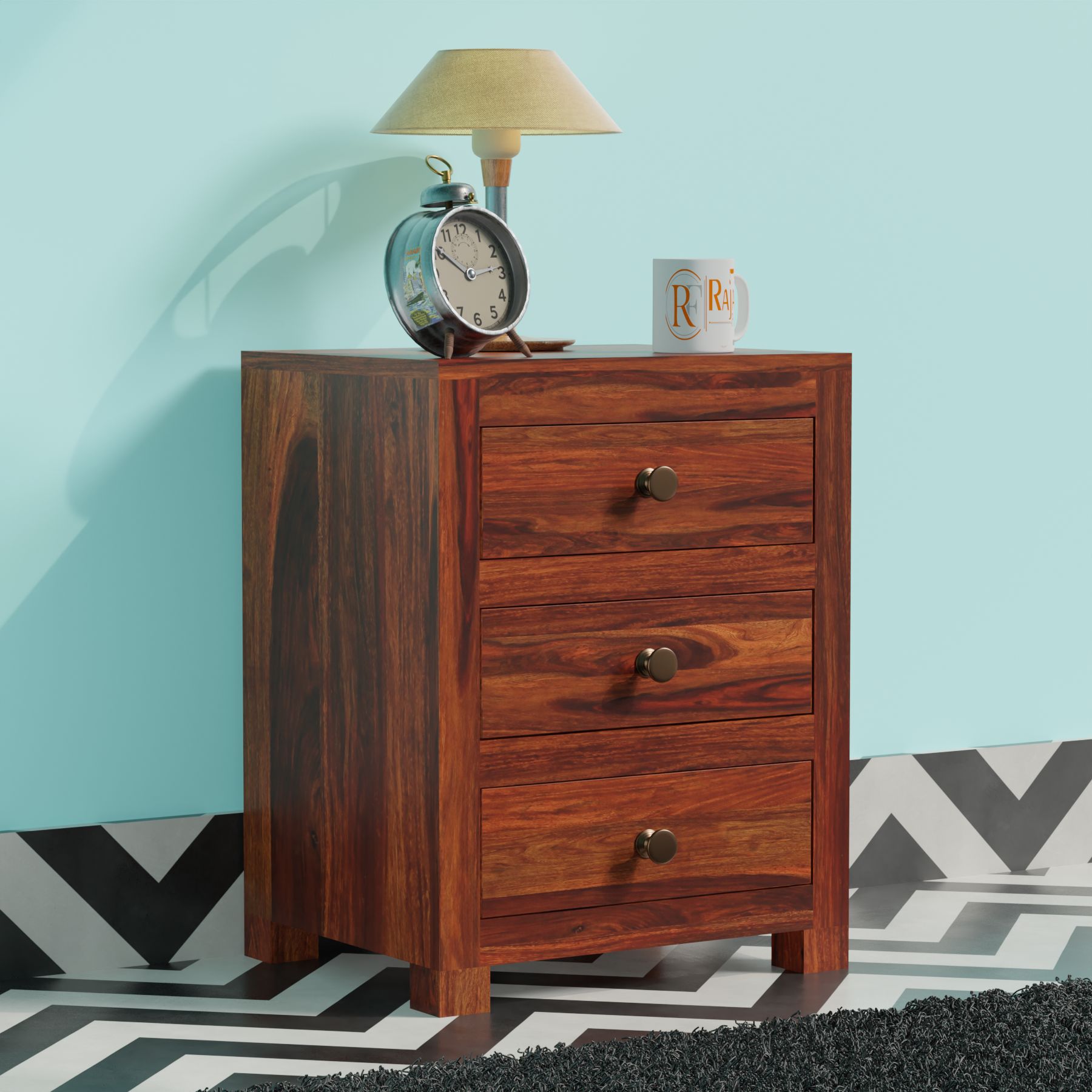 Sun Three Drawer Wooden Bed Side Table/Nightstand in Honey oak Finish - Rajasthali Furniture 