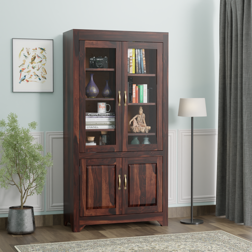 Wooden Display Cabinet with Glass and Wood Doors, 4 Doors Storage Unit in Natural and Walnut Finish - Rajasthali Furniture 