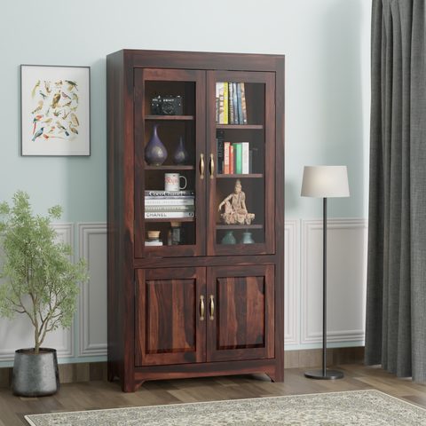 Wooden Display Cabinet with Glass and Wood Doors, 4 Doors Storage Unit in Natural and Walnut Finish