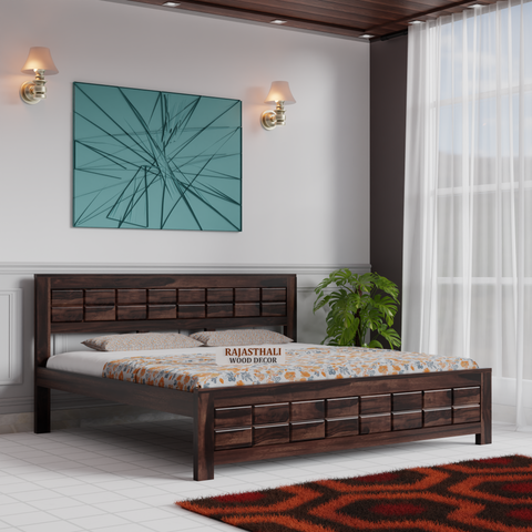 Solid Sheesham Wood King Size Bed with Headboard and Without Storage, Walnut Finish