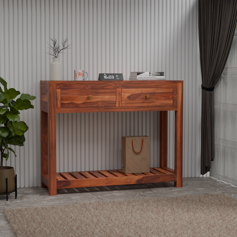 Solid Wood Two Drawer Console Unit with Table Top for Your Bedroom, Wooden Console for Bathroom in Natural Finish