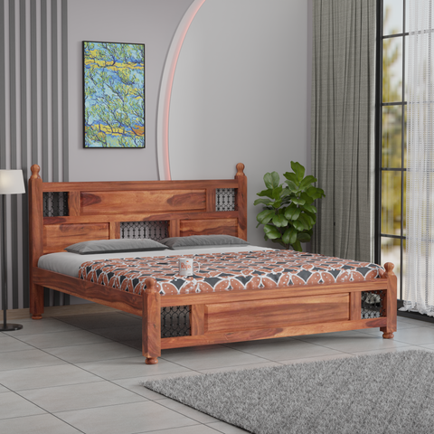 Solid Sheesham Wood King Size Bed with Headboard | Double Bed without Storage in Natural Finish | Double Bed for Bed room