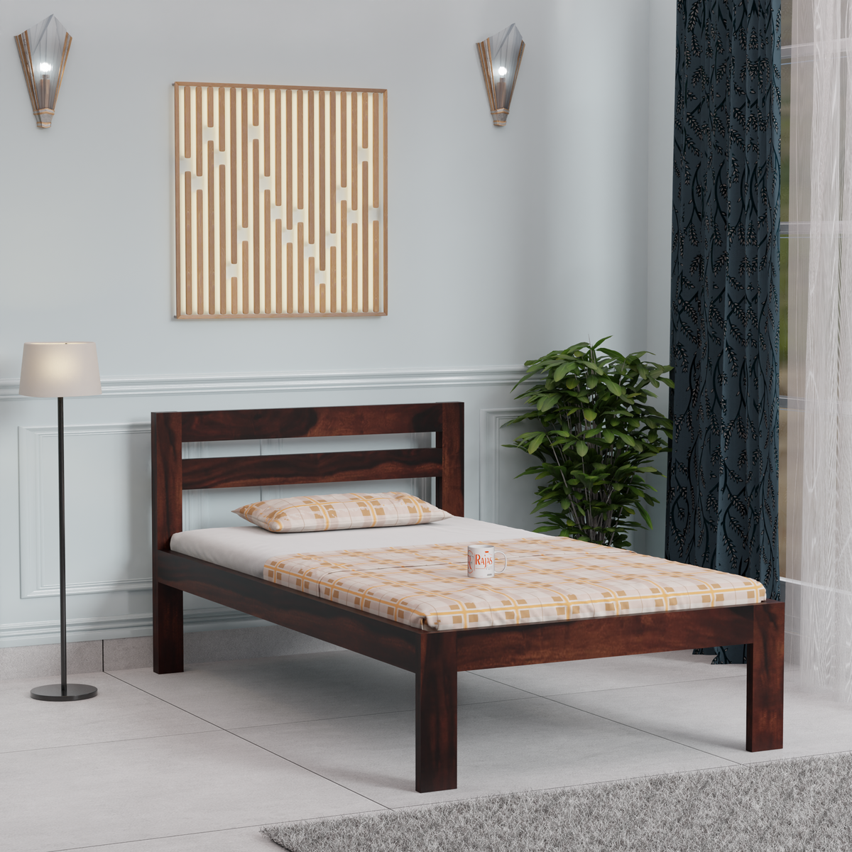 Wooden Single Bed with Open Design Headboard without storage For Bedrrom and kids room in Natural Finish