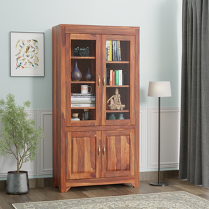 Wooden Display Cabinet with Glass and Wood Doors, 4 Doors Storage Unit in Natural and Walnut Finish - Rajasthali Furniture 