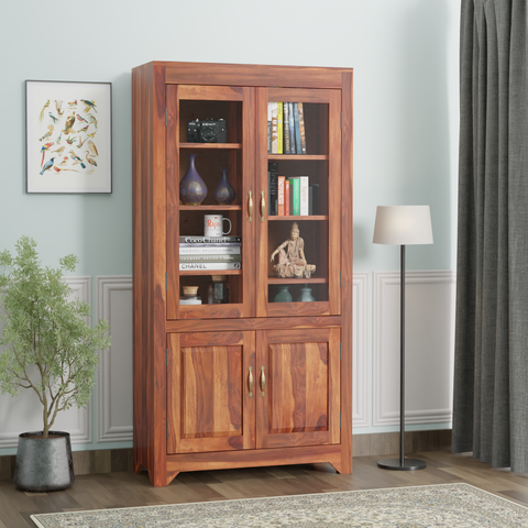 Wooden Display Cabinet with Glass and Wood Doors, 4 Doors Storage Unit in Natural and Walnut Finish