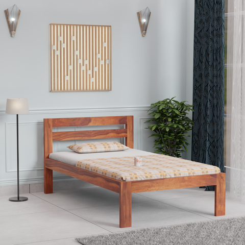 Wooden Single Bed with Open Design Headboard without storage For Bedrrom and kids room in Natural Finish