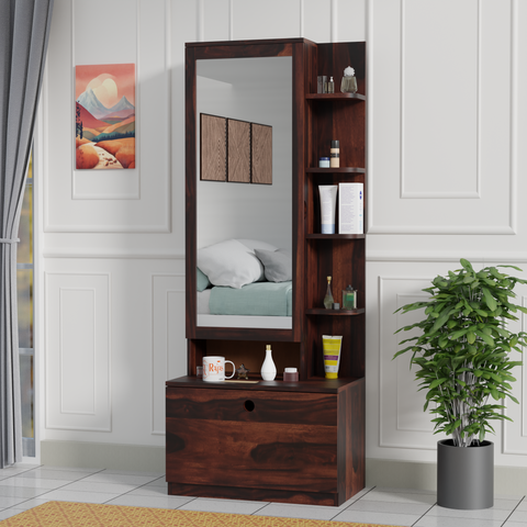 Solid Sheesham Wood Dressing Table, Organizer Makeup Vanity with Mirror Storage Shelves for Bedroom