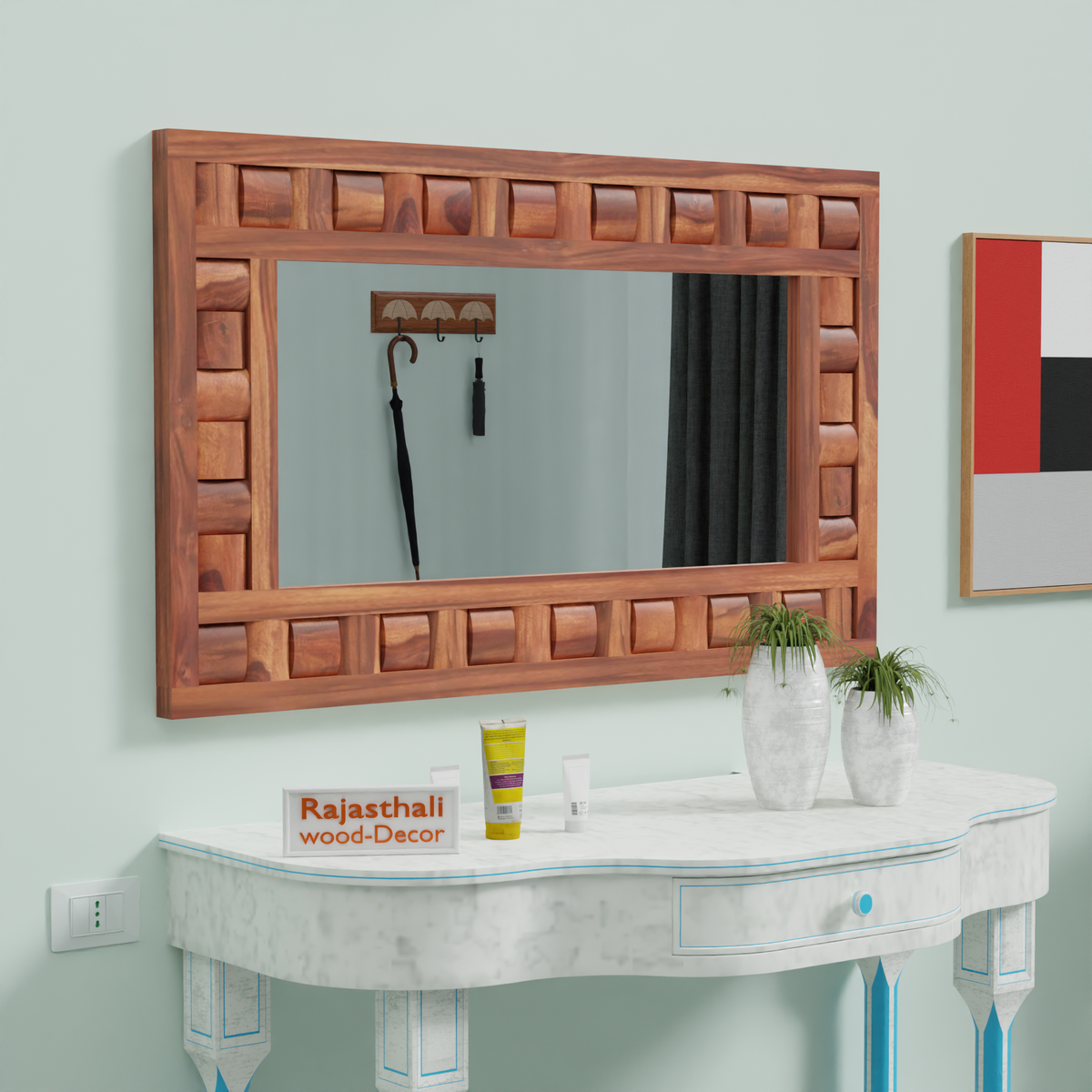 Doyle Wooden Niwar Design Wall Mirror cum Dresser Mirror for Bedroom or Washroom in Natural and Walnut Finish 46inches