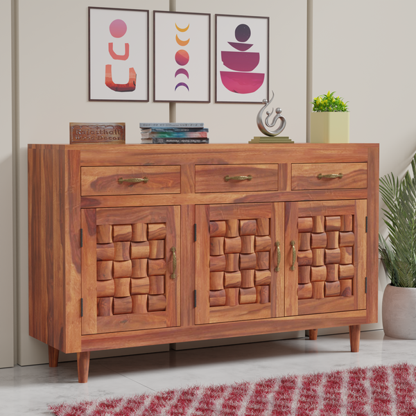 Wooden Sideboard Storage Cabinet with 3 Drawers and 3 Doors Storage Wooden Cabinet for Living Room in Natural Finish - Rajasthali Furniture 