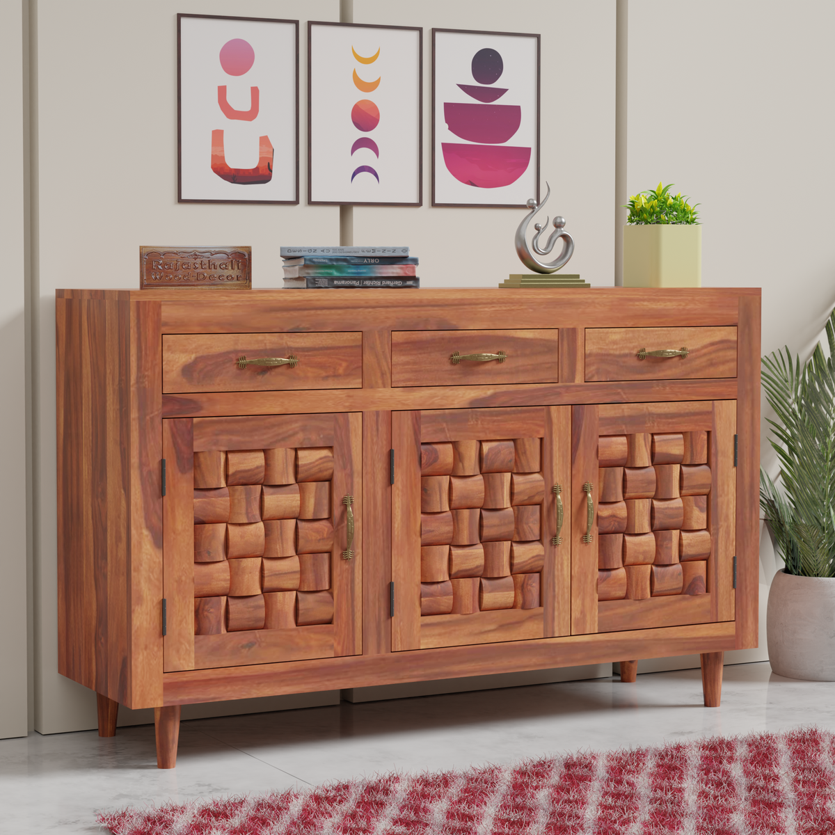 Wooden Sideboard Storage Cabinet with 3 Drawers and 3 Doors Storage Wooden Cabinet for Living Room in Natural Finish