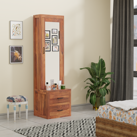 Two Drawer Wooden Dressing Table with Storage and Mirror Dressing Table in Honey Oak and walnut Color With Natural Finish