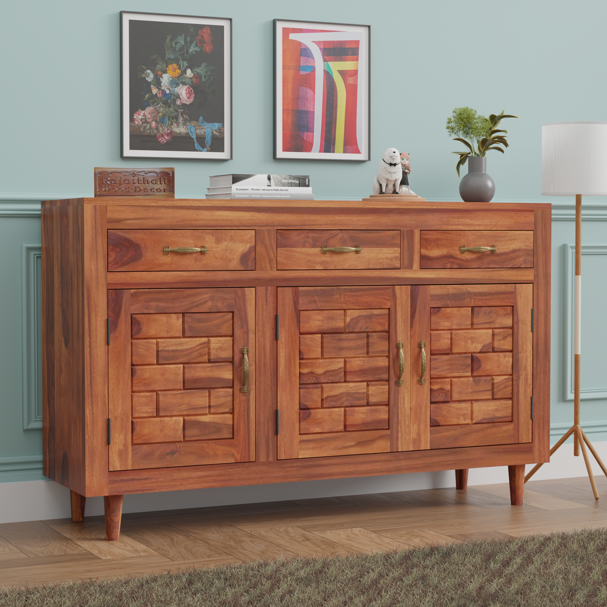 Wooden Sideboard Storage Cabinet with 3 Drawers and 3 Doors Storage Wooden Cabinet for Living Room in Natural Finish