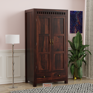 Wooden Two Door and Two Drawer Sheesham Wood Almirah Wardrobe for Bedroom in Honey oak and Dark Color with Natural and Walnut Finish - Rajasthali Furniture 