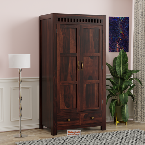 Wooden Two Door and Two Drawer Sheesham Wood Almirah Wardrobe for Bedroom in Honey oak and Dark Color with Natural and Walnut Finish - Rajasthali Furniture 