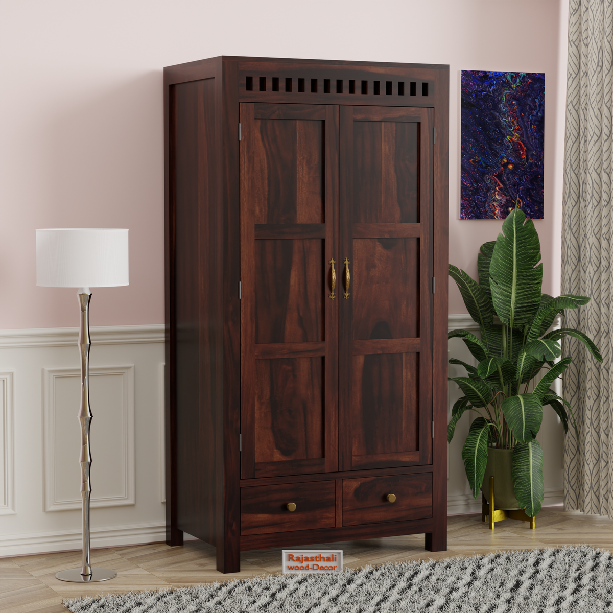 Wooden Two Door and Two Drawer Sheesham Wood Almirah Wardrobe for Bedroom in Honey oak and Dark Color with Natural and Walnut Finish