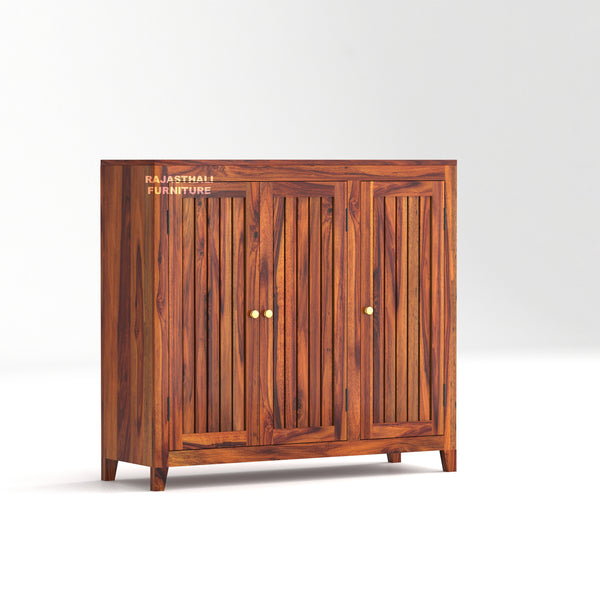 Rajasthali Furniture Solid Sheesham Wood Shoe Cabinet | 3-Door Wooden Shoe Rack with Storage | Entryway Organizer | Natural Finish |