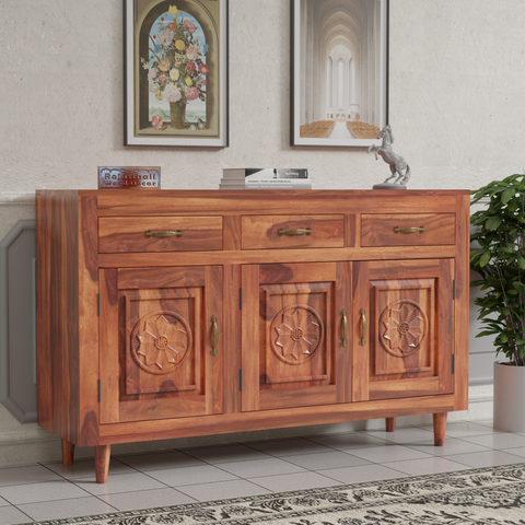 Wooden Sideboard Storage Cabinet with 3 Drawers and 3 Doors Storage Wooden Cabinet for Living Room in Natural Finish