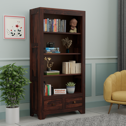 Wooden  Two Drawer 3 Shelves book shelf cum display cabinet in dark Color with Walnut Finish