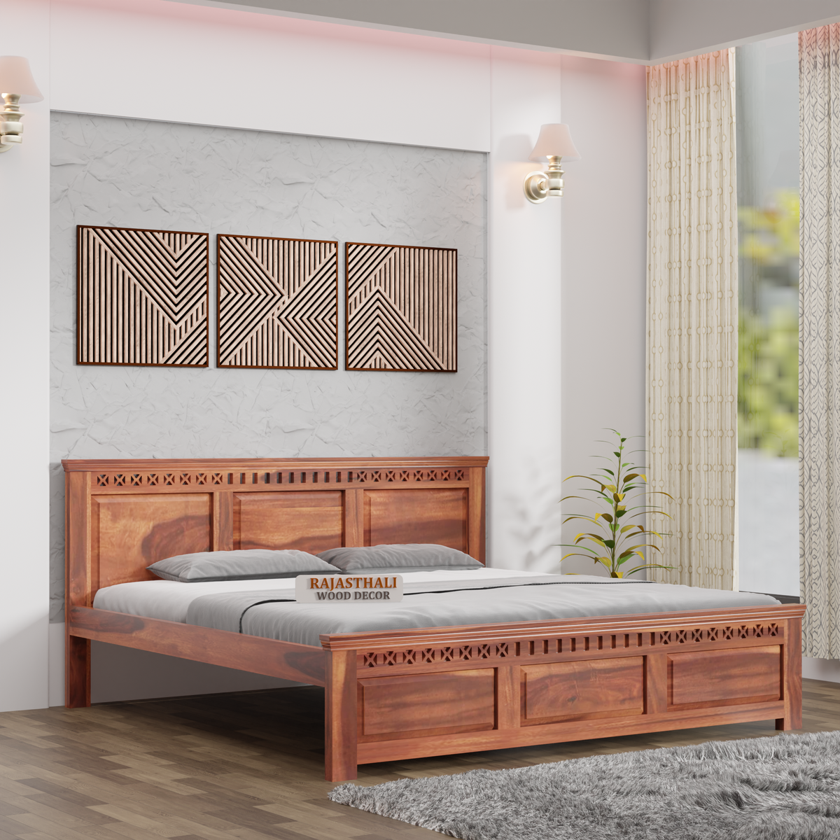 Solid Sheesham Wood King Size Bed with Headboard and Without Storage, Natural Finish