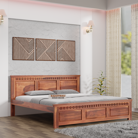 Solid Sheesham Wood King Size Bed with Headboard and Without Storage, Natural Finish