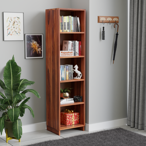 Sheesham Wood Open Book Cabinet with wooden 5 Shelves in Honey Oak and dark Color with Natural and Walnut Finish