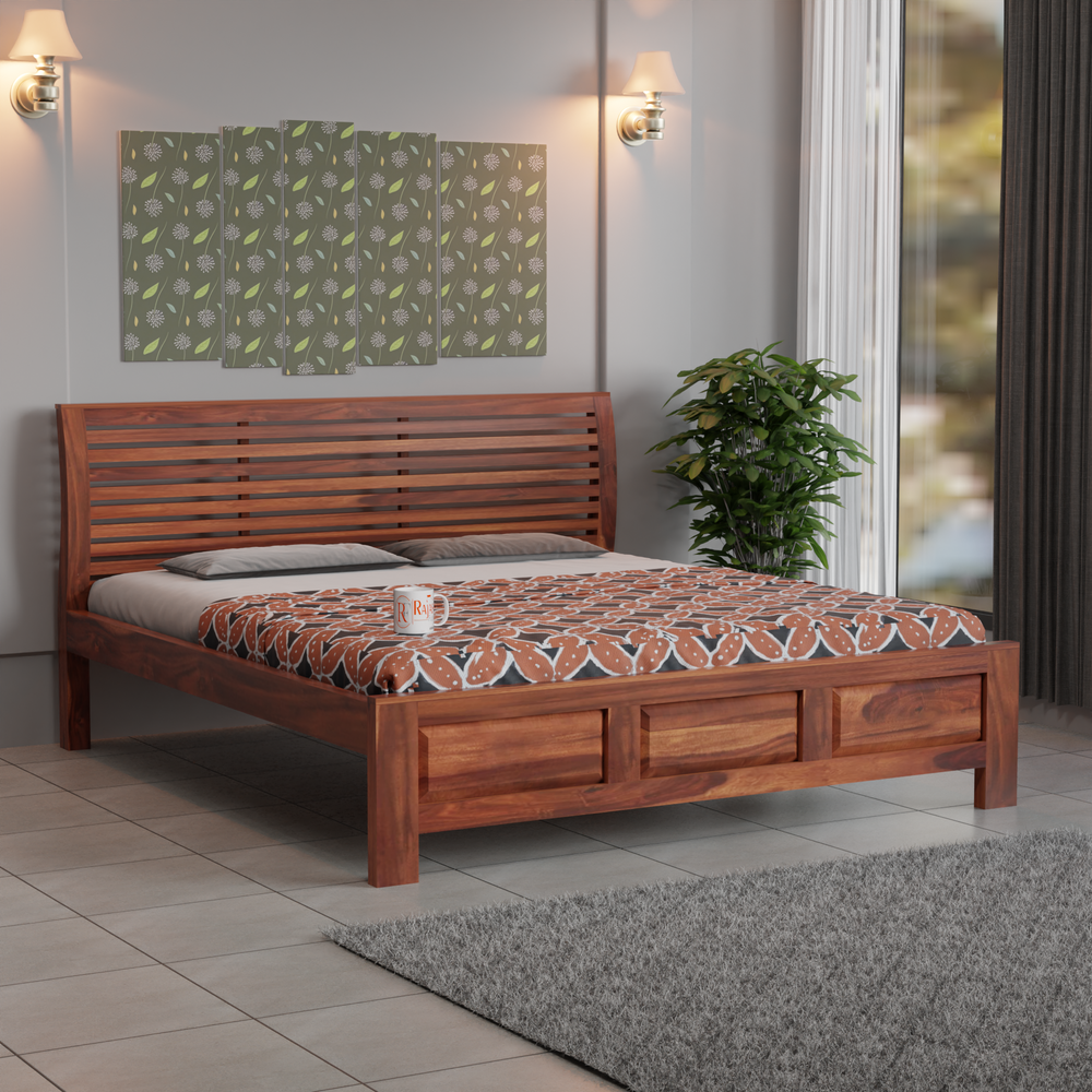Solid Sheesham Wood King Size Bed with Headboard | Double Bed without Storage in Natural Finish | Double Bed for Bed room - Rajasthali Furniture 
