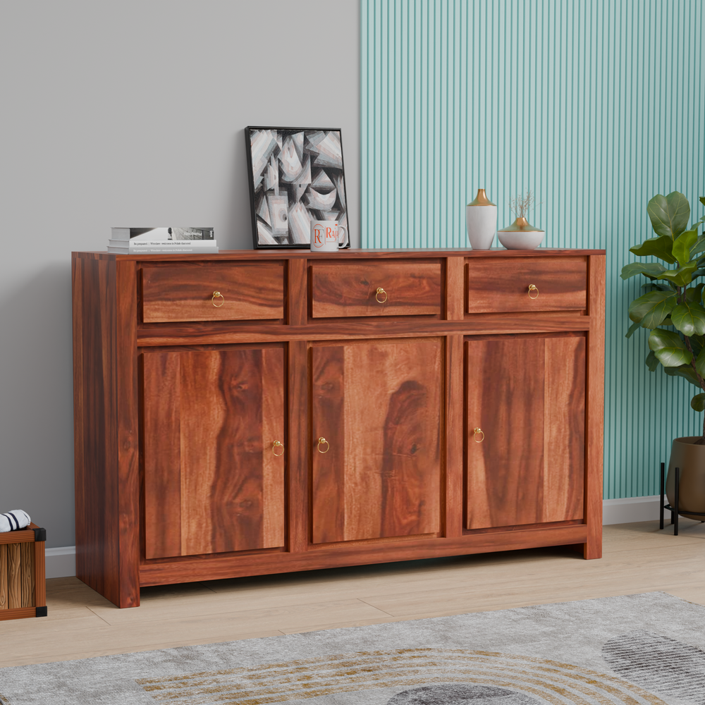 Wooden Side Cabinet with Wooden Doors, 3 Doors and 3 drawers Storage Unit in Natural Finish and walnut finish - Rajasthali Furniture 