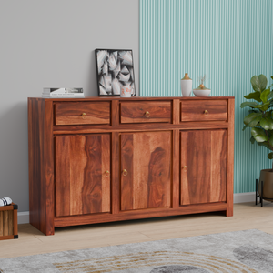 Wooden Side Cabinet with Wooden Doors, 3 Doors and 3 drawers Storage Unit in Natural Finish and walnut finish - Rajasthali Furniture 