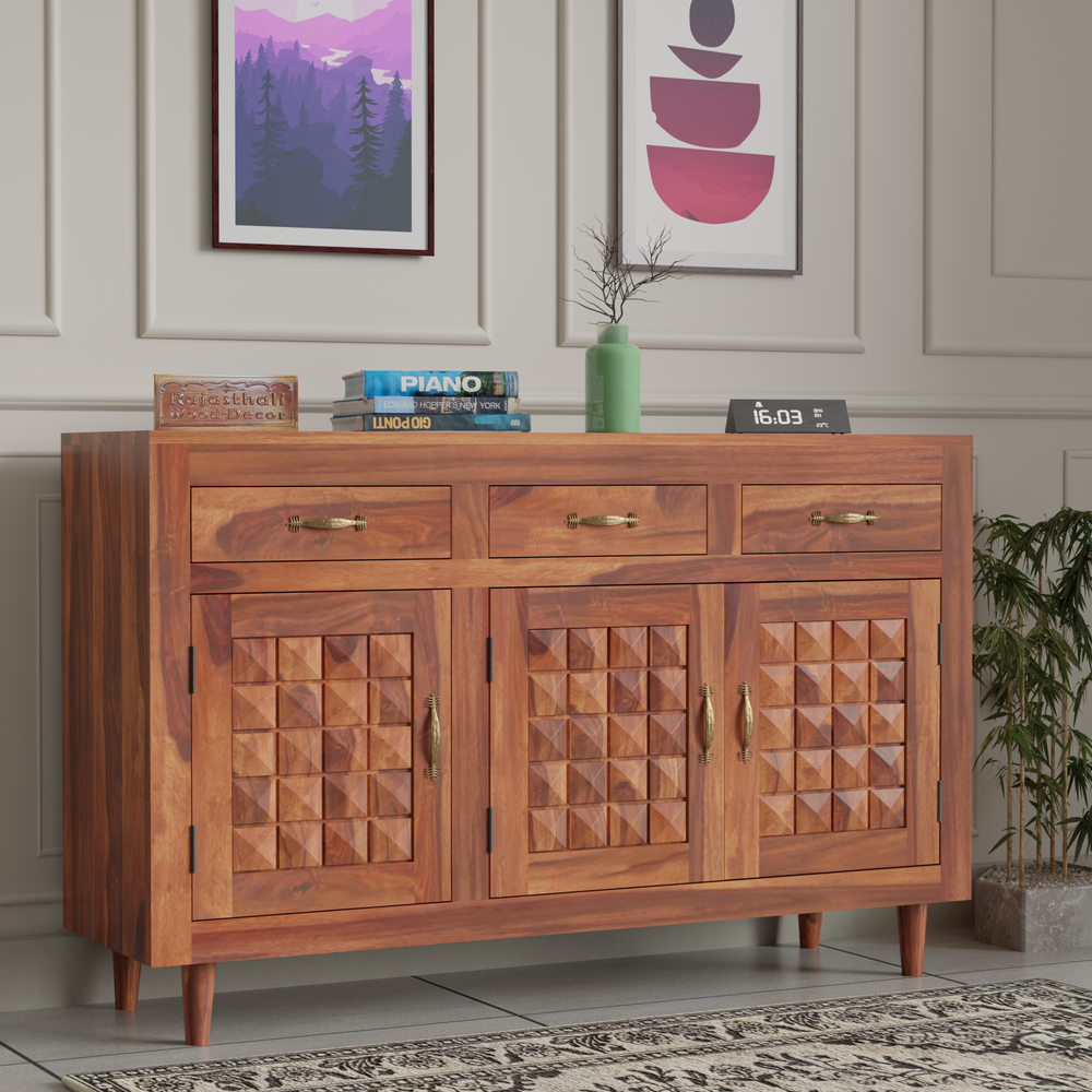 Wooden Sideboard Storage Cabinet with 3 Drawers and 3 Doors Storage Wooden Cabinet for Living Room in Natural Finish - Rajasthali Furniture 