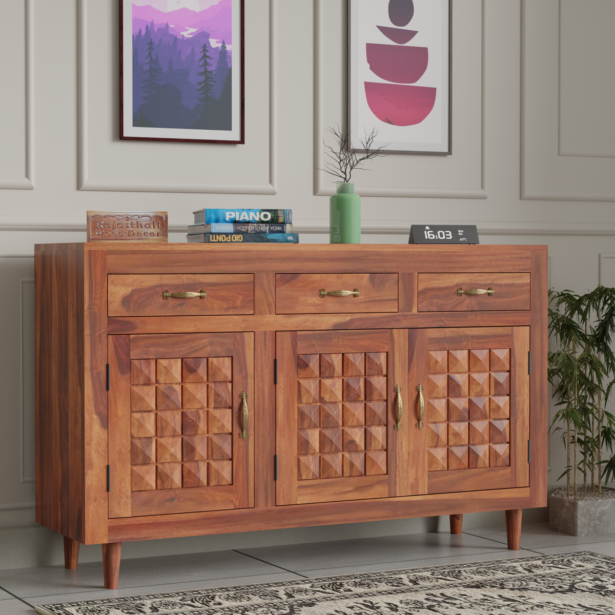 Wooden Sideboard Storage Cabinet with 3 Drawers and 3 Doors Storage Wooden Cabinet for Living Room in Natural Finish