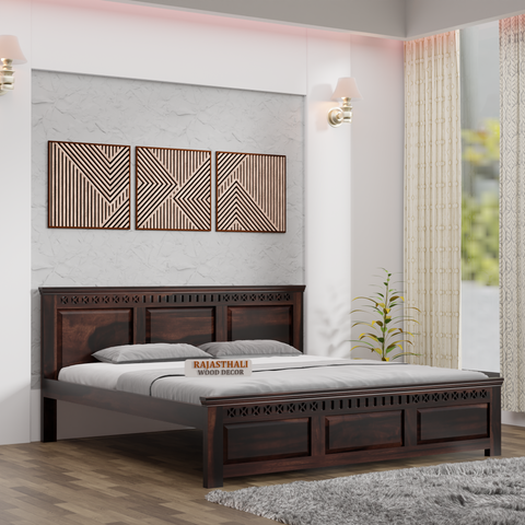 Solid Sheesham Wood King Size Bed with Headboard and Without Storage, Walnut Finish