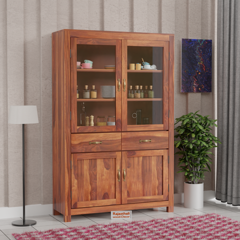 Bened Wooden Glass and Wooden Door Cabinet with two Drawer for Study and kitchen room in Natural and Walnut Finish