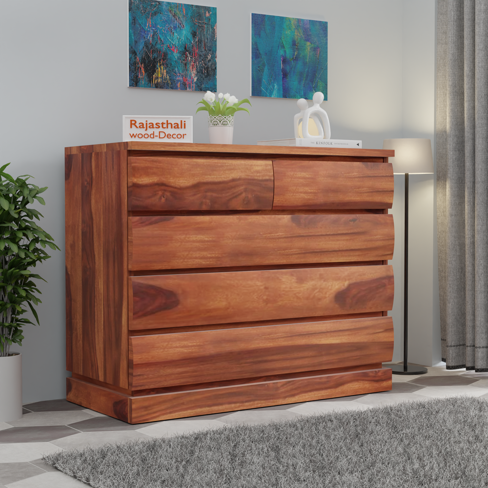 Oskar Solid Wood Five Drawer Chester in Honey Oak Finished Rajasthali Furniture - Rajasthali Furniture 