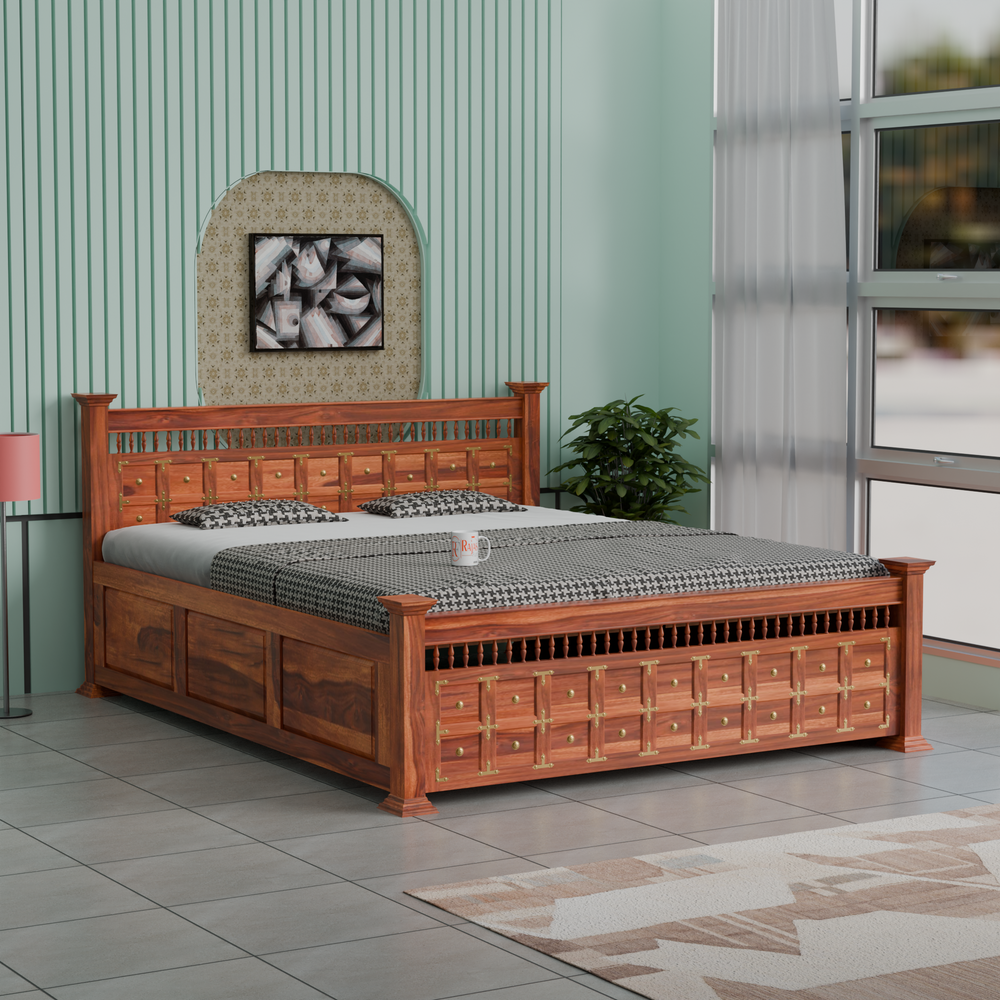 Solid Wood Queen Size Double with Brass LT Plus Design in Honey Oak and Walnut Color - Rajasthali Furniture 