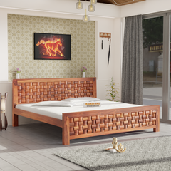 Solid Sheesham Wood King Size Bed with Headboard and Without Storage, Natural Finish - Rajasthali Furniture 