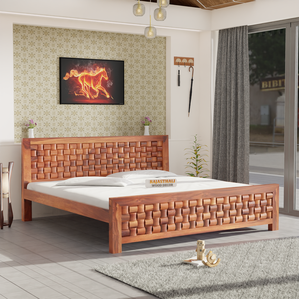 Solid Sheesham Wood King Size Bed with Headboard and Without Storage, Natural Finish - Rajasthali Furniture 