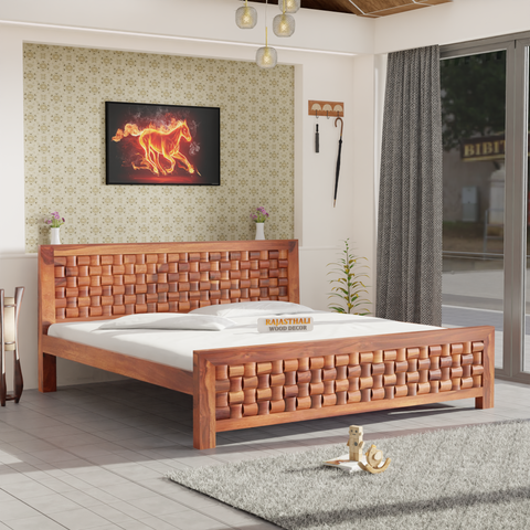 Solid Sheesham Wood King Size Bed with Headboard and Without Storage, Natural Finish