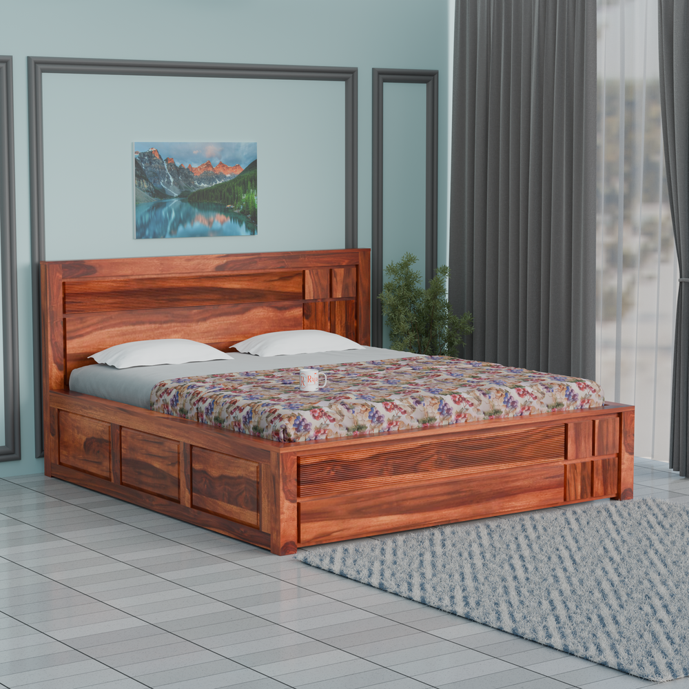 Mattson Solid Wood Queen Size Double Bed with Box Storage in Honey Oak Finish - Rajasthali Furniture 