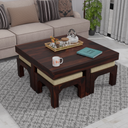 Kerry Wooden Center Table cum Coffee Table with four Stool with upholstery in Natural and walnutFinish 35" - Rajasthali Furniture 