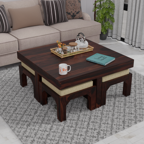 Kerry Wooden Center Table cum Coffee Table with four Stool with upholstery in Natural and walnutFinish 35"